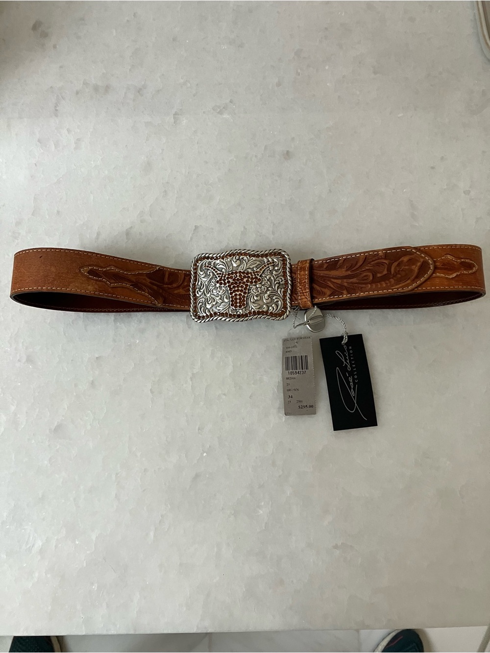 NWT.  Jose Luis tooled Leather Western Belt with Decorative Silver Buckle